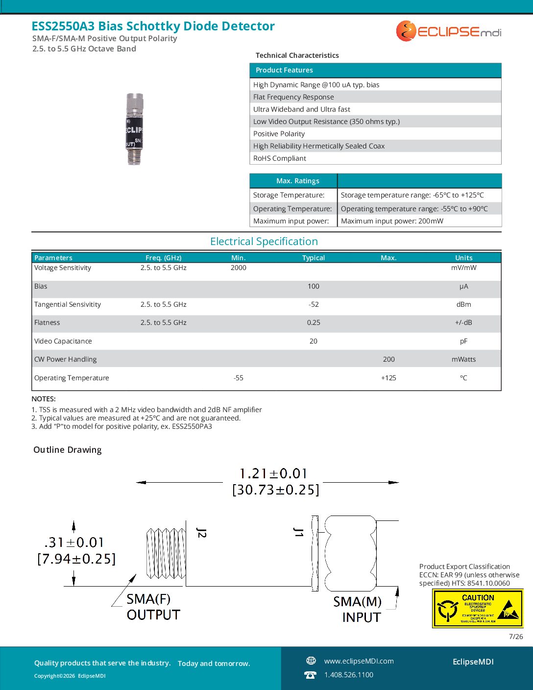 2.5-5.0 GHz Biased Schottky Detector ESS2550A3