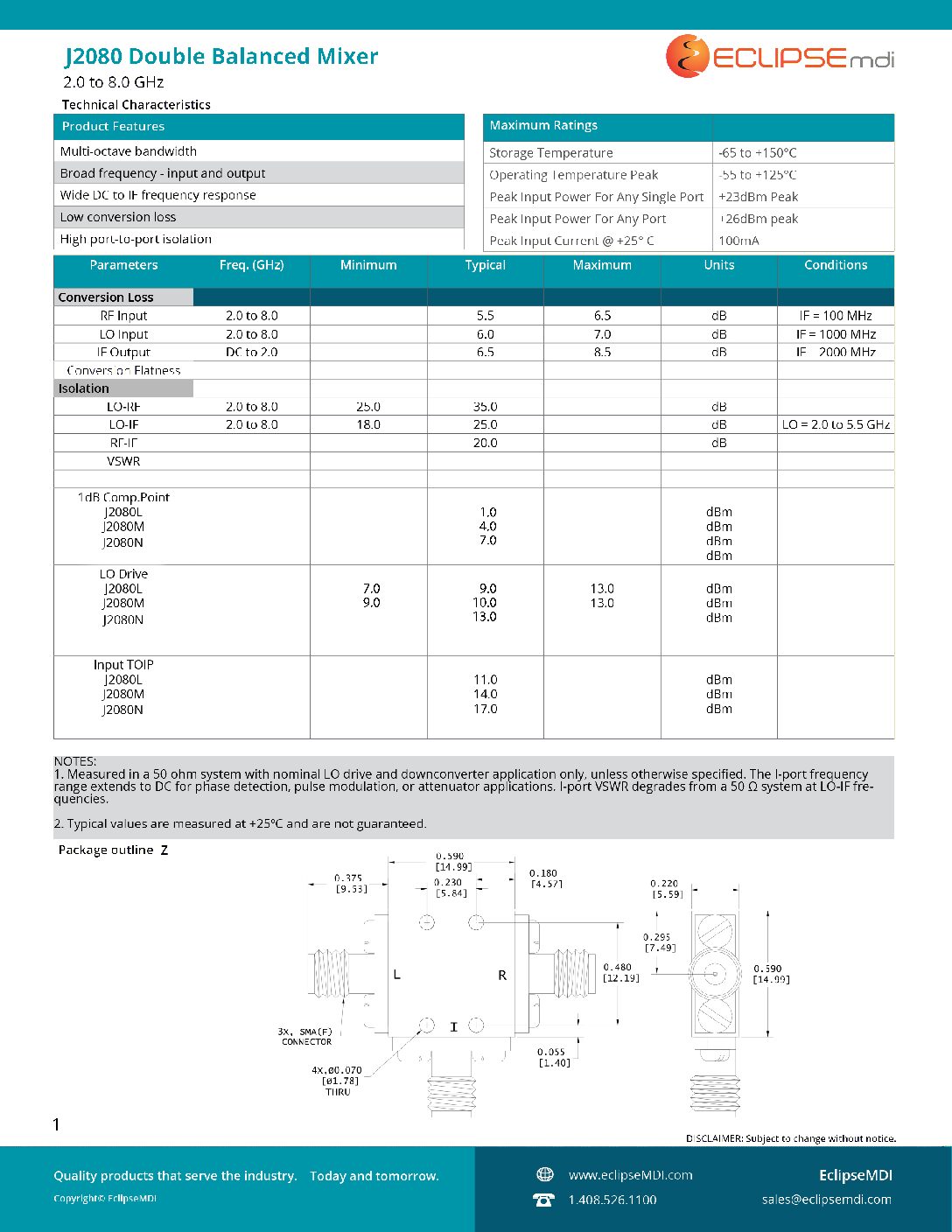 2.0-8.0 GHz Coaxial Double Balanced Mixer J2080